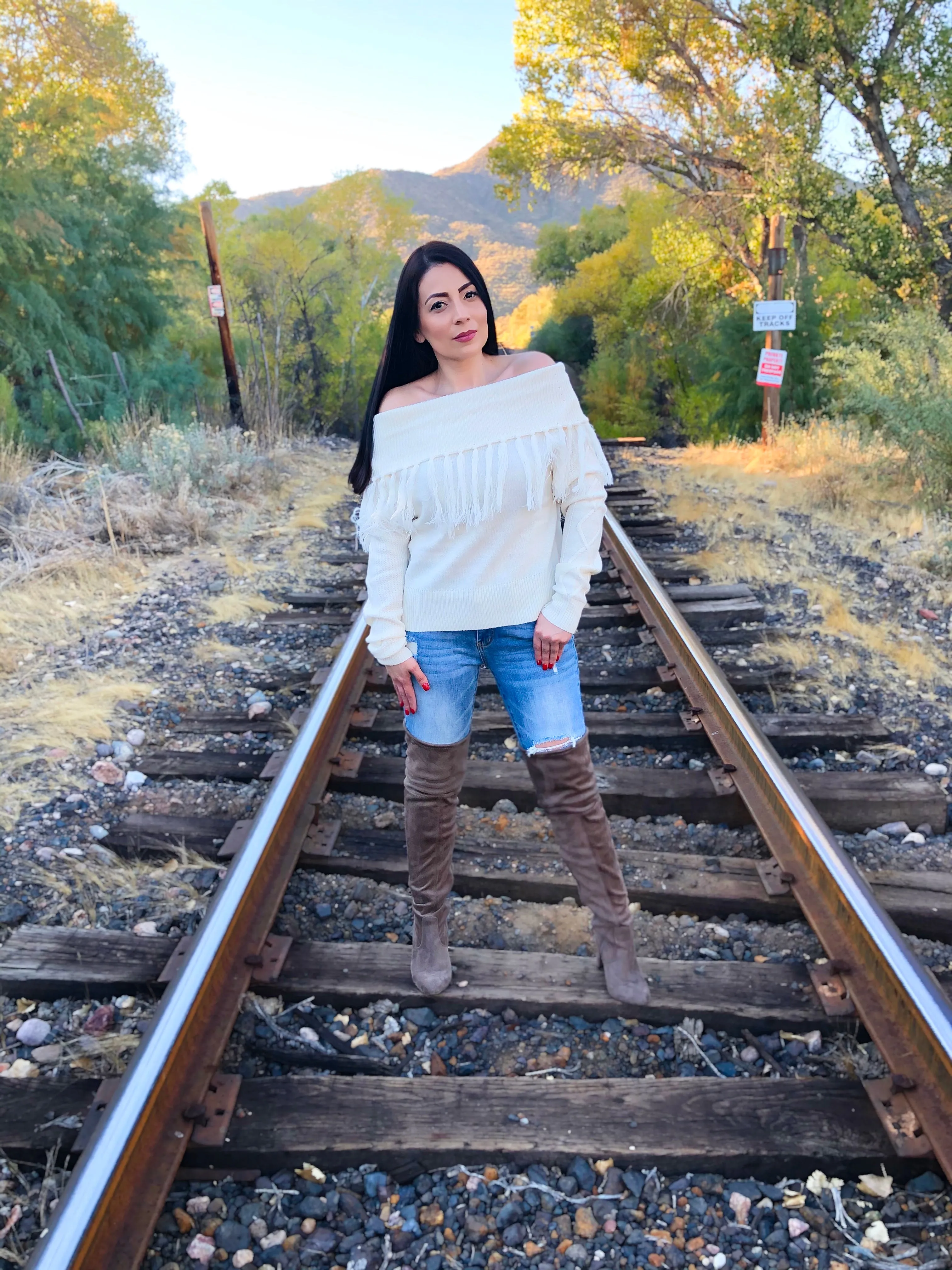 Ivory Fringe Off Shoulder Sweater