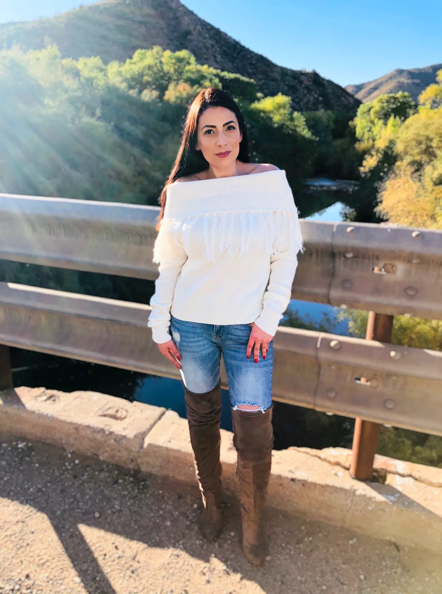 Ivory Fringe Off Shoulder Sweater