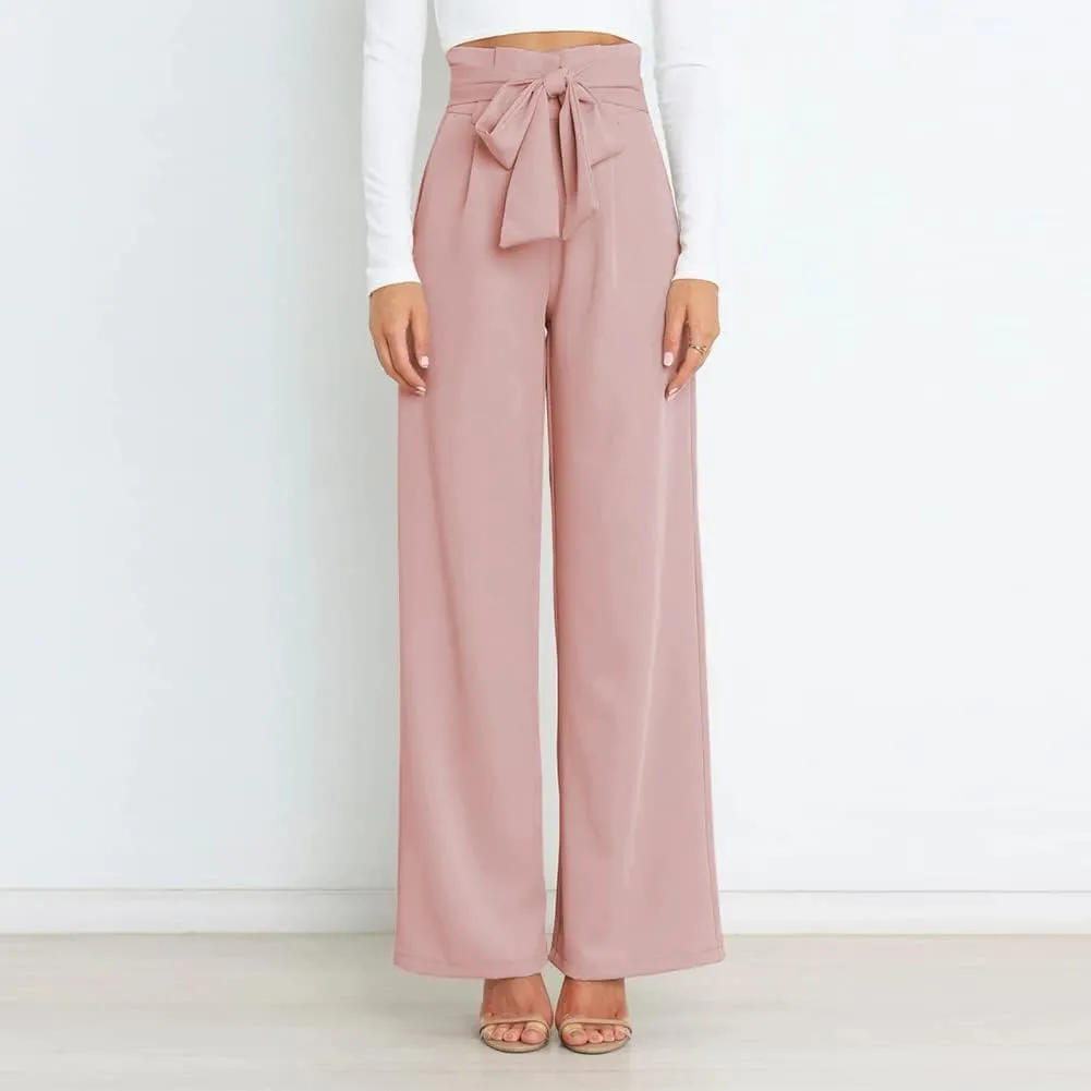 IWEMEK Women's Casual High Waist Belted Wide Leg Pants with Pocket Bow-Knot Self Tie Work Pants Long Palazzo Pants Trousers