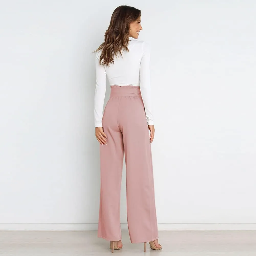 IWEMEK Women's Casual High Waist Belted Wide Leg Pants with Pocket Bow-Knot Self Tie Work Pants Long Palazzo Pants Trousers