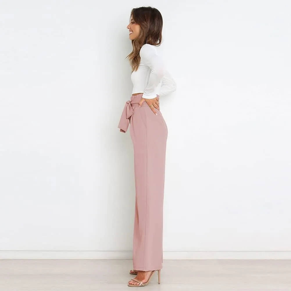 IWEMEK Women's Casual High Waist Belted Wide Leg Pants with Pocket Bow-Knot Self Tie Work Pants Long Palazzo Pants Trousers