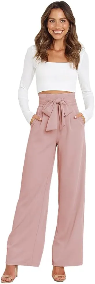 IWEMEK Women's Casual High Waist Belted Wide Leg Pants with Pocket Bow-Knot Self Tie Work Pants Long Palazzo Pants Trousers