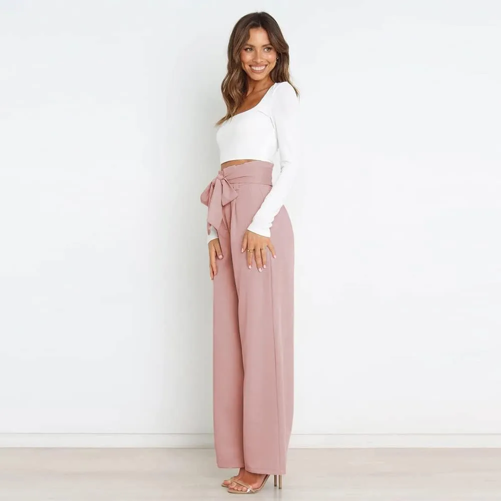 IWEMEK Women's Casual High Waist Belted Wide Leg Pants with Pocket Bow-Knot Self Tie Work Pants Long Palazzo Pants Trousers