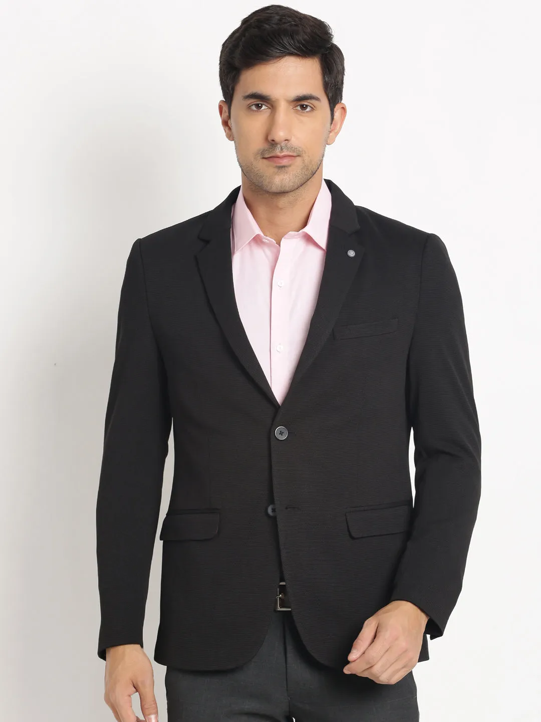 Knitted Black Dobby Regular Fit Full Sleeve Casual Blazer