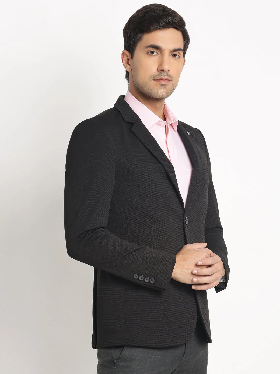 Knitted Black Dobby Regular Fit Full Sleeve Casual Blazer