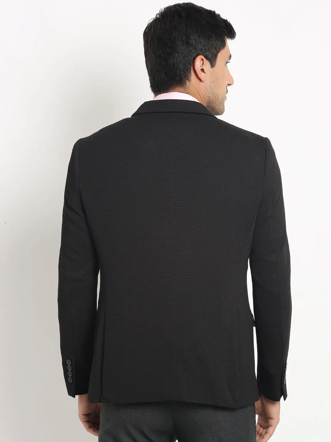 Knitted Black Dobby Regular Fit Full Sleeve Casual Blazer