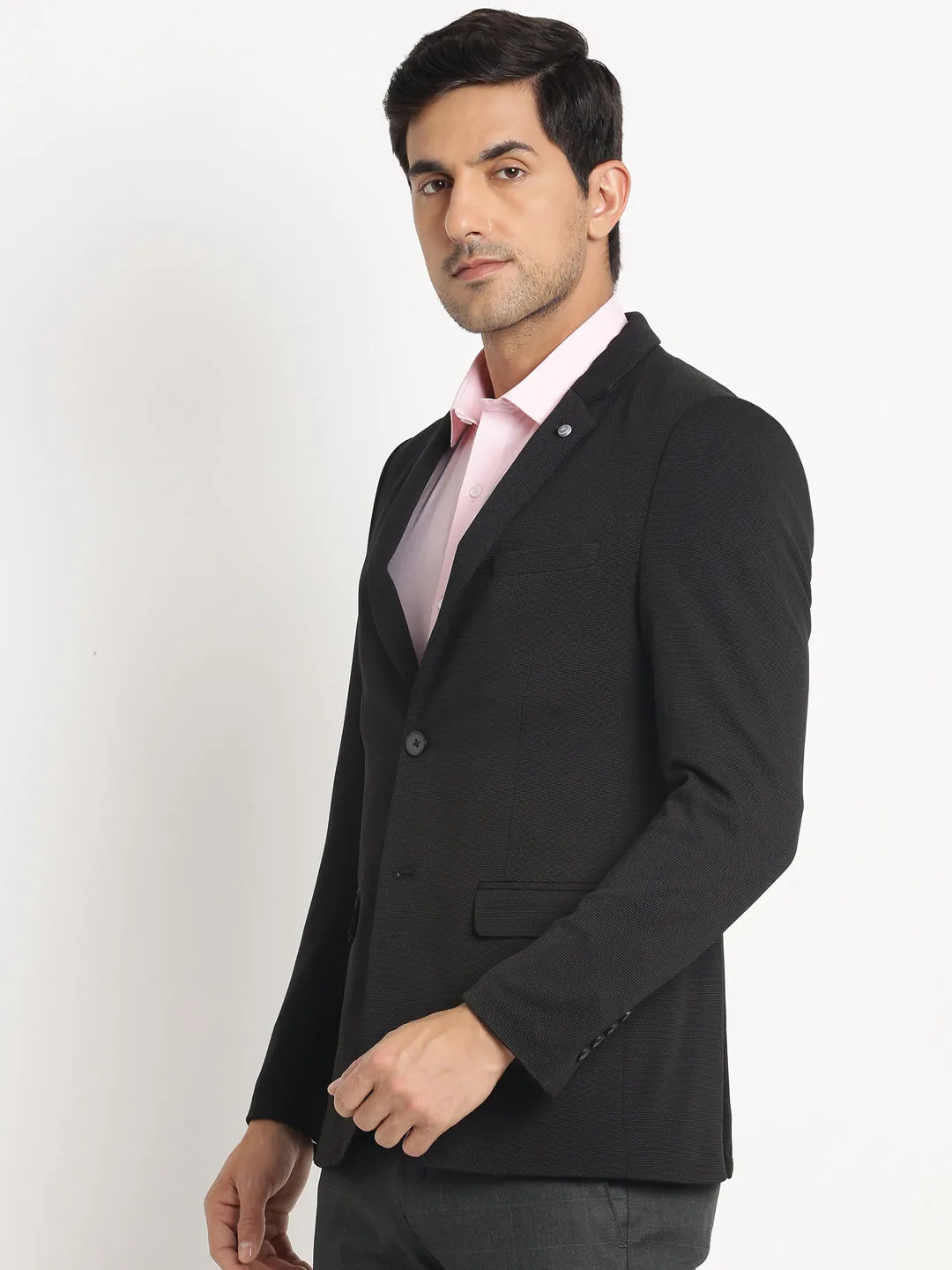 Knitted Black Dobby Regular Fit Full Sleeve Casual Blazer