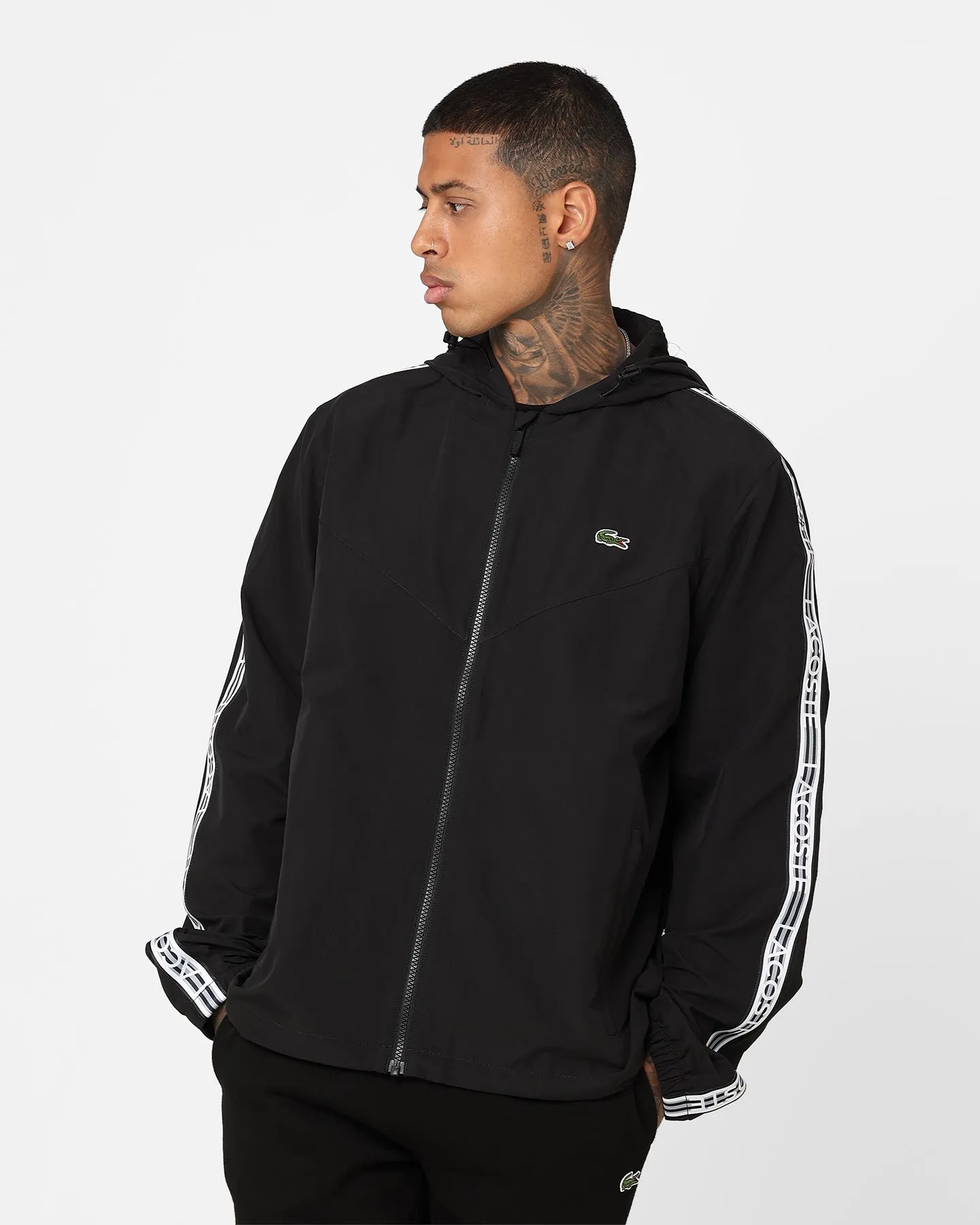 Lacoste Logo Tape Recycled Poly Windbreaker Jacket Black