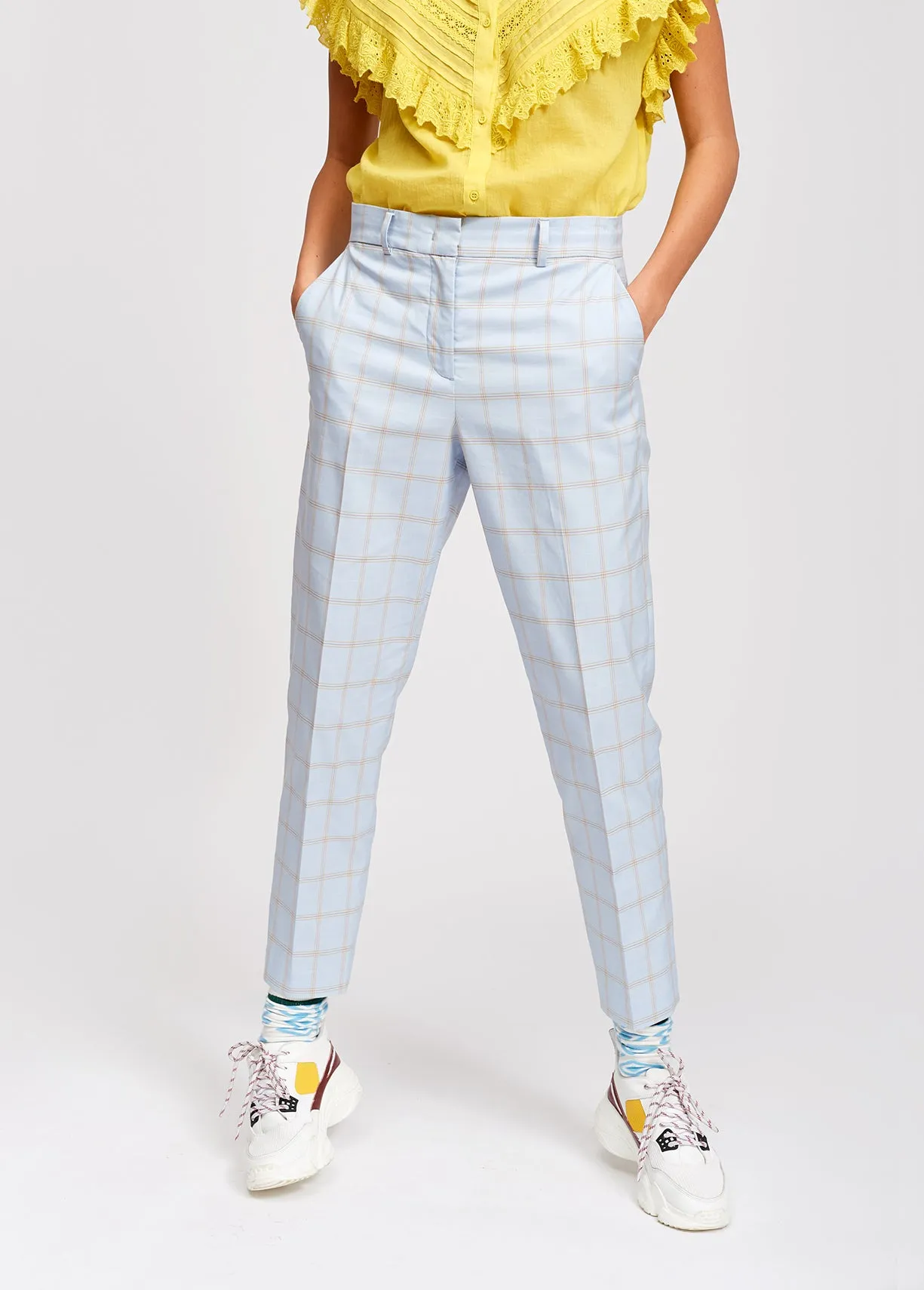 Light blue plaid tailored trousers