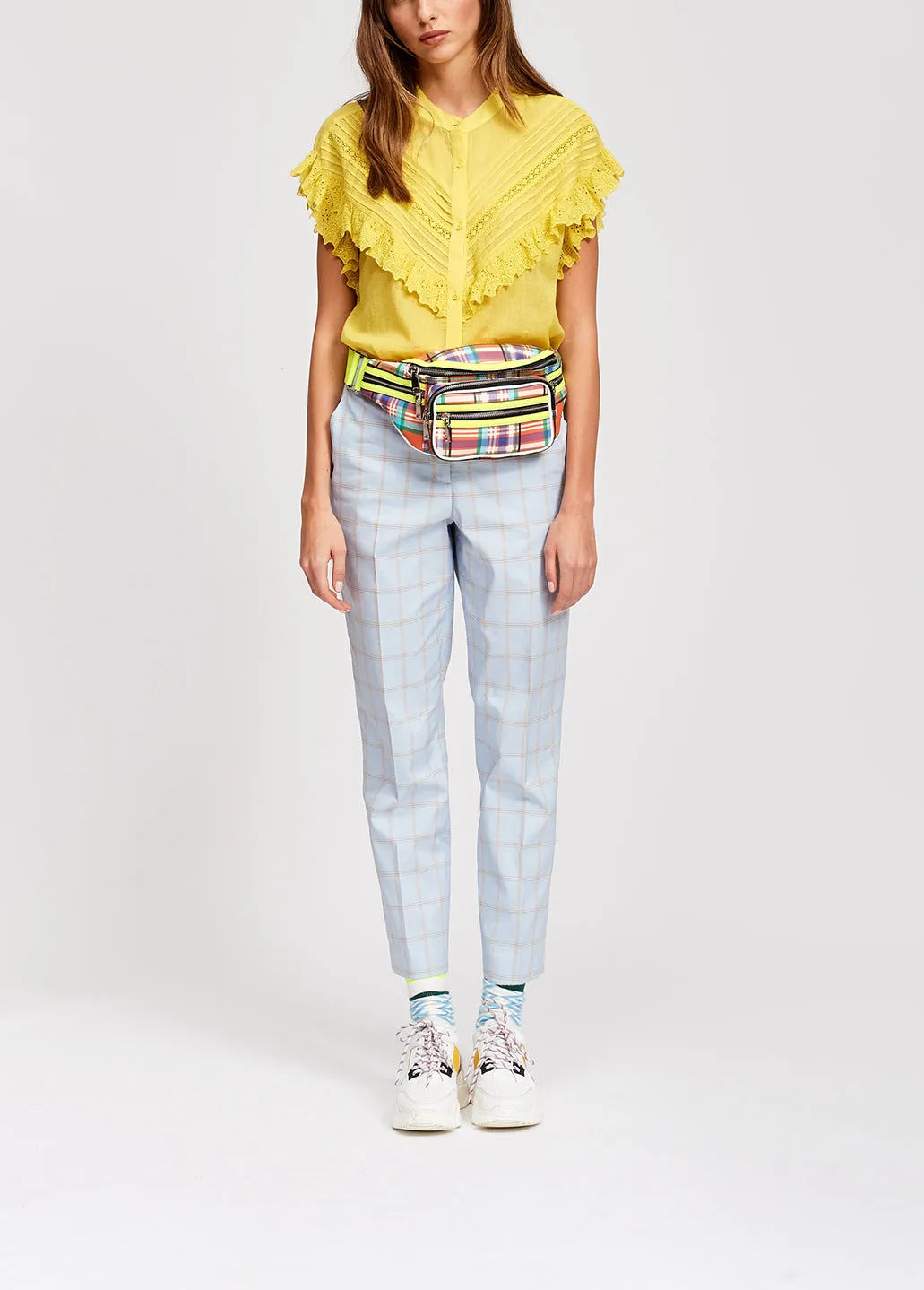 Light blue plaid tailored trousers