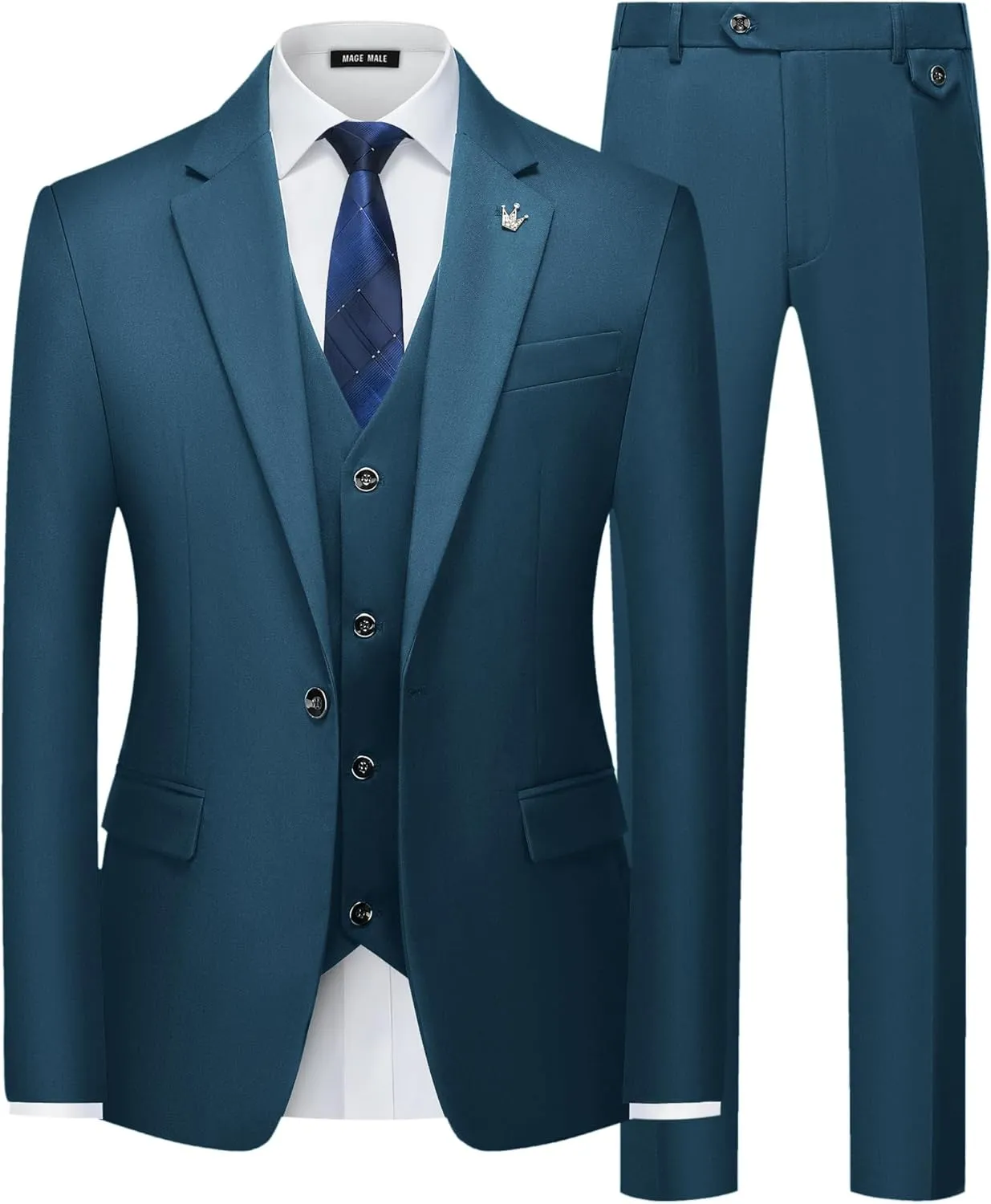 MAGE MALE Mens Suits Slim Fit 3 Piece Tuxedo Suit One Button Solid Prom Wedding Party Blazer Vest Pants Set with Tie