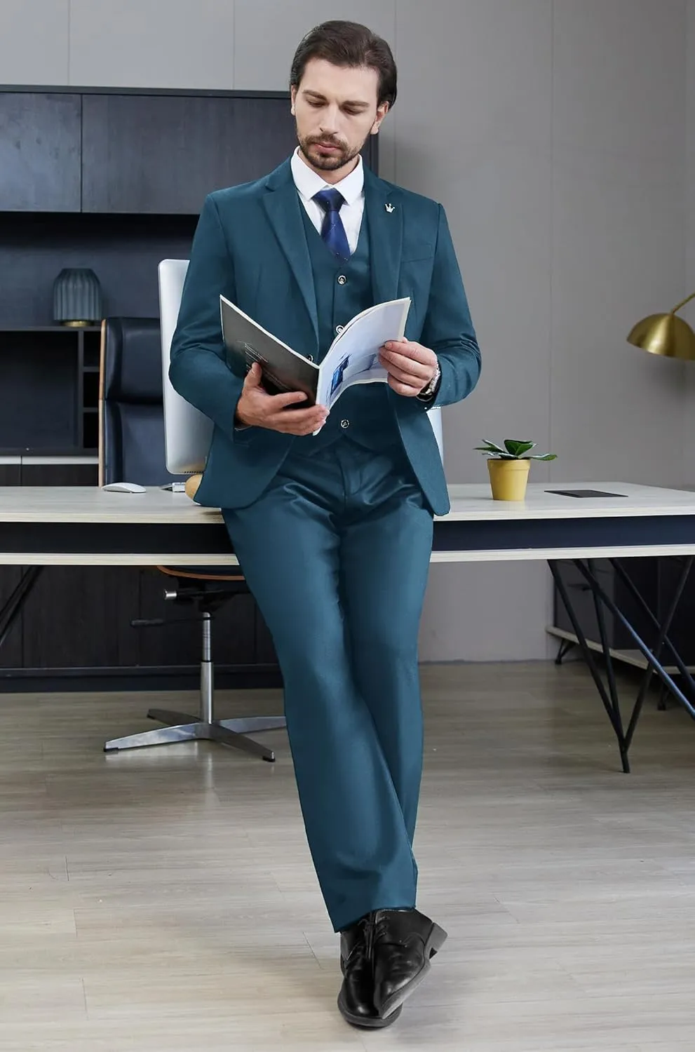 MAGE MALE Mens Suits Slim Fit 3 Piece Tuxedo Suit One Button Solid Prom Wedding Party Blazer Vest Pants Set with Tie