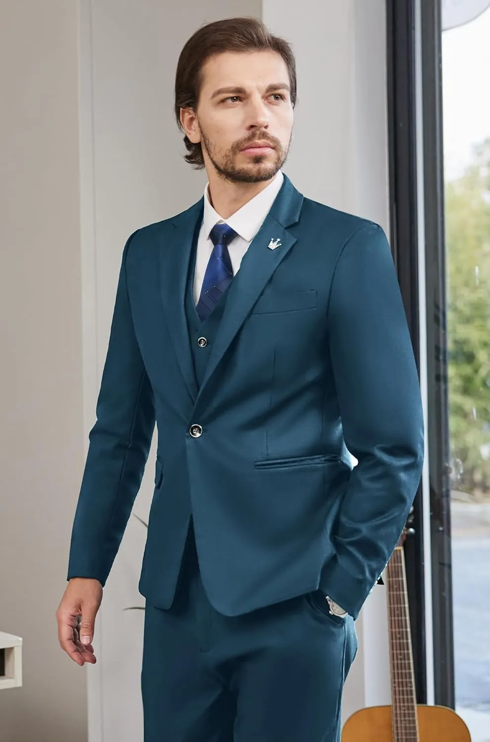 MAGE MALE Mens Suits Slim Fit 3 Piece Tuxedo Suit One Button Solid Prom Wedding Party Blazer Vest Pants Set with Tie