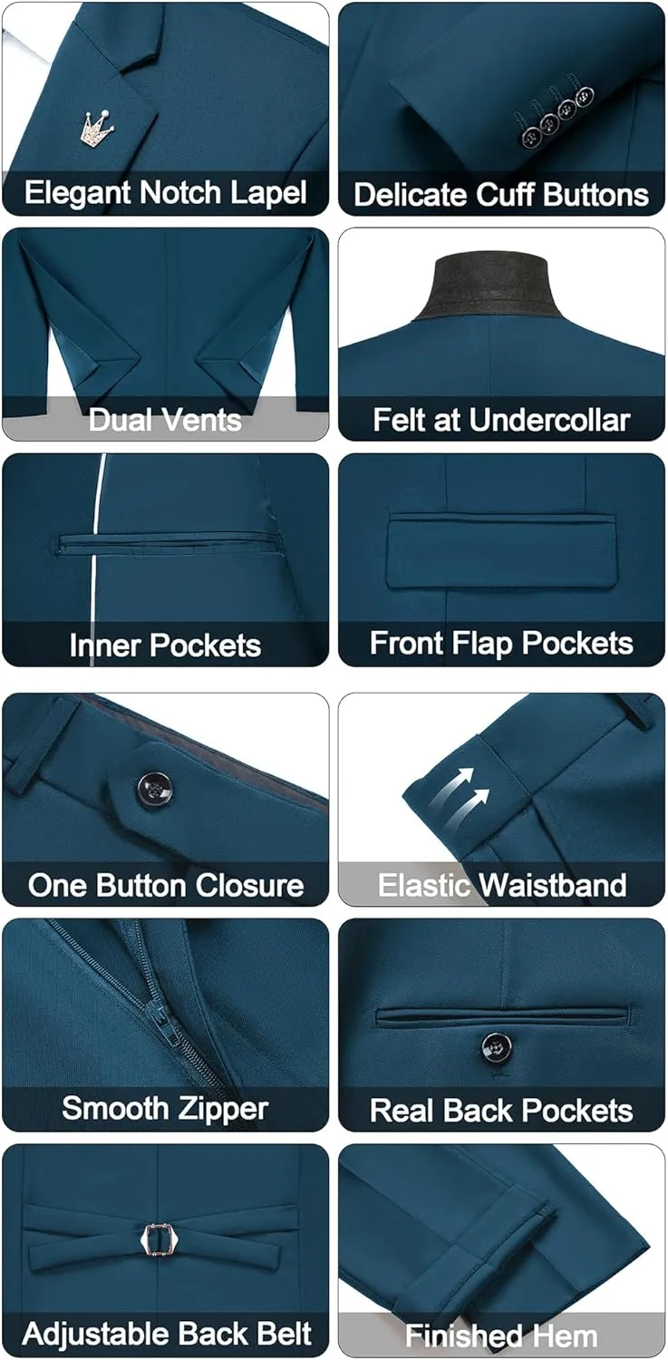 MAGE MALE Mens Suits Slim Fit 3 Piece Tuxedo Suit One Button Solid Prom Wedding Party Blazer Vest Pants Set with Tie