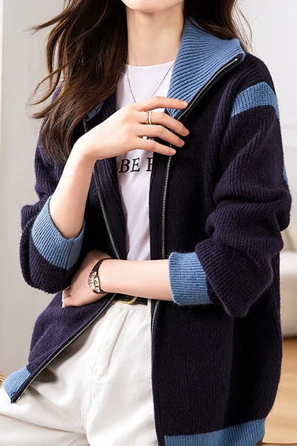 Minimalist Color-Block Knitted Cardigan