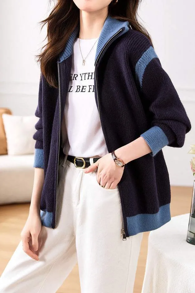 Minimalist Color-Block Knitted Cardigan