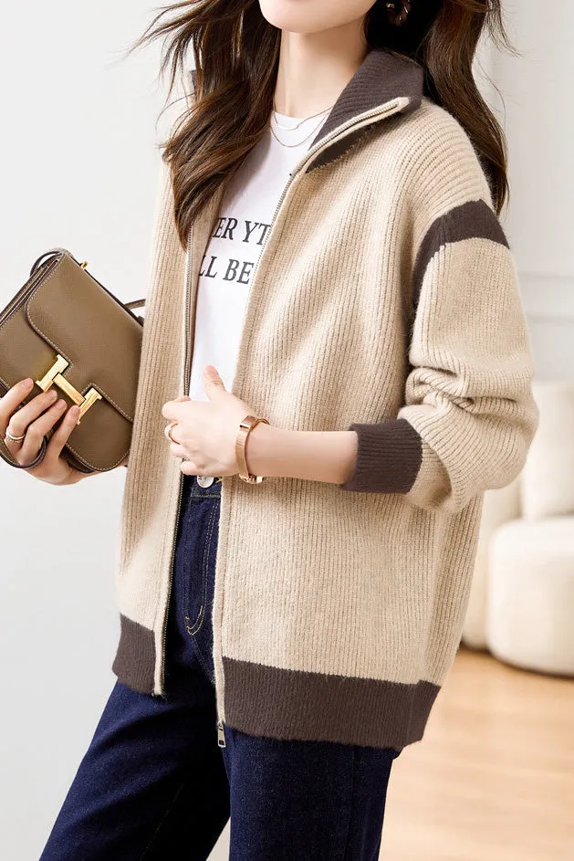 Minimalist Color-Block Knitted Cardigan