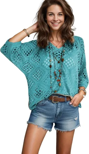 NASKY Women’s Casual Knit Pullover Hollow-Out 3/4 Batwing Sleeve Lightweight and Comfortable Boho Chic Summer Sweater