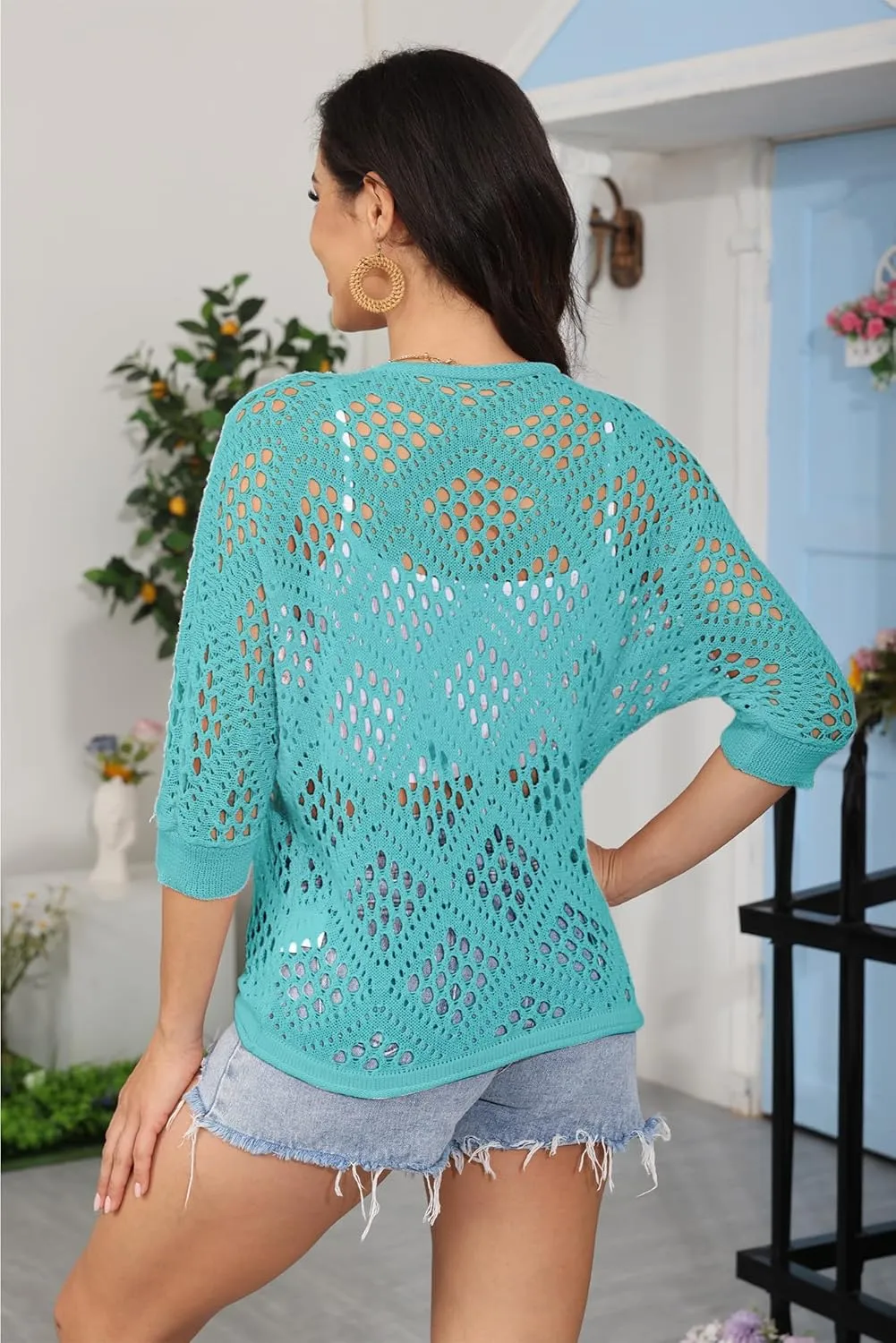 NASKY Women’s Casual Knit Pullover Hollow-Out 3/4 Batwing Sleeve Lightweight and Comfortable Boho Chic Summer Sweater