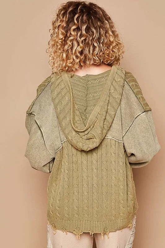 POL Hoodie Cardigan Distressed Torn Cable Knit Long Sleeve Collar Button-Up Jacket