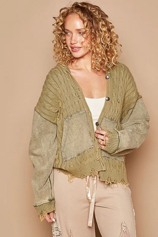 POL Hoodie Cardigan Distressed Torn Cable Knit Long Sleeve Collar Button-Up Jacket