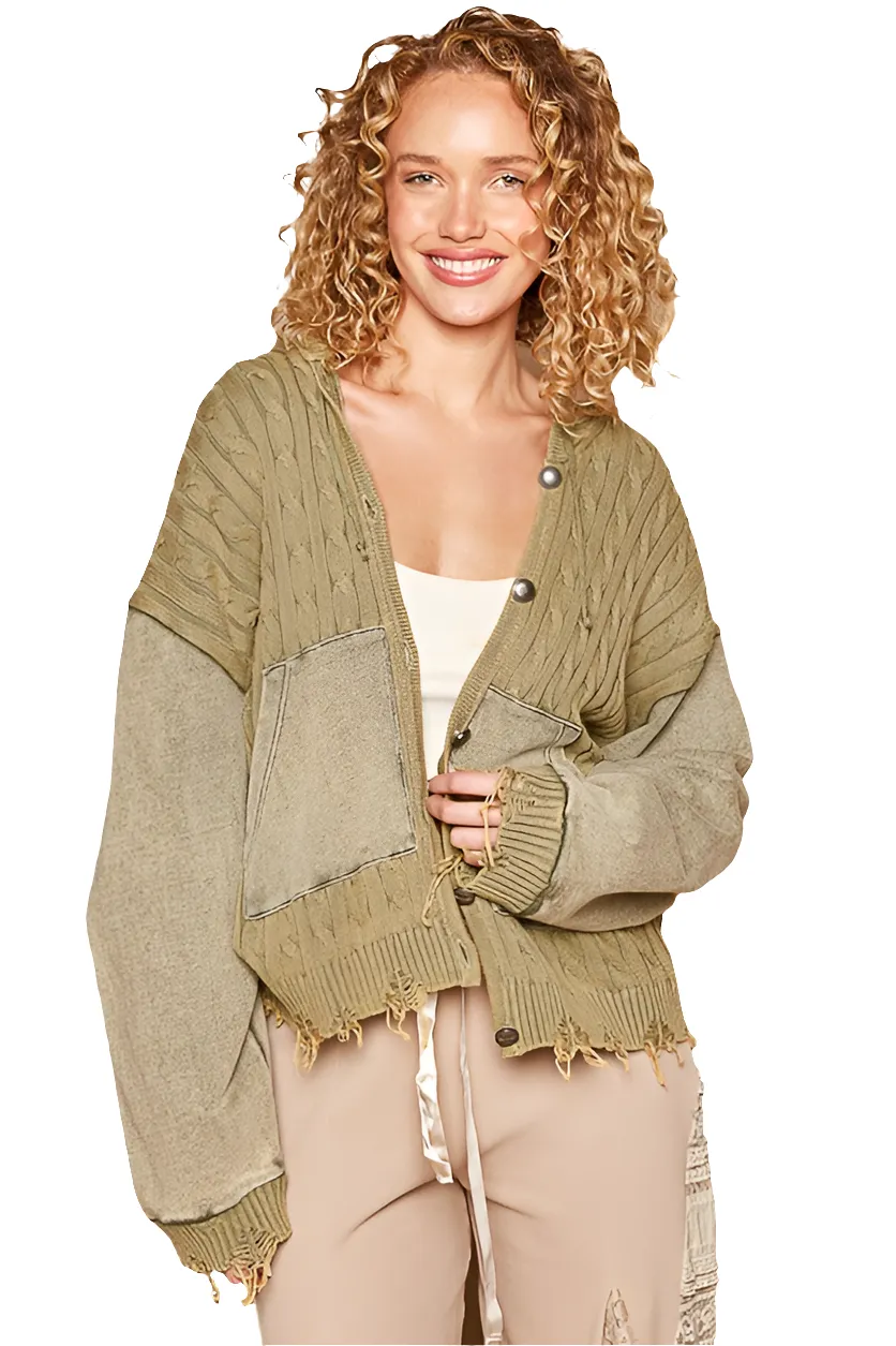 POL Hoodie Cardigan Distressed Torn Cable Knit Long Sleeve Collar Button-Up Jacket