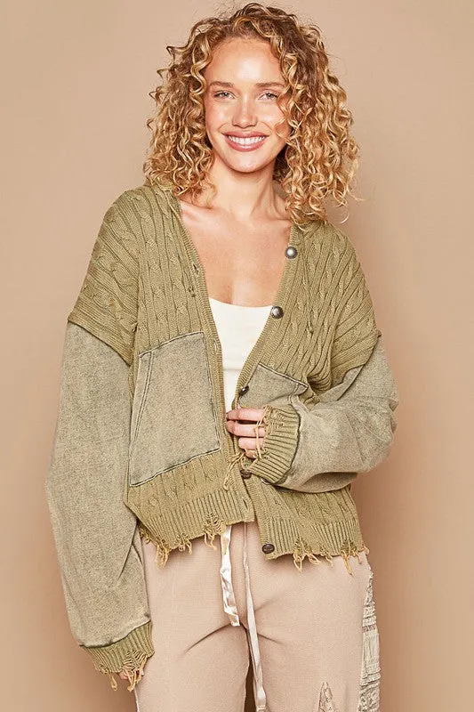 POL Hoodie Cardigan Distressed Torn Cable Knit Long Sleeve Collar Button-Up Jacket