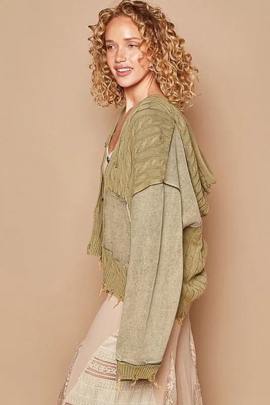 POL Hoodie Cardigan Distressed Torn Cable Knit Long Sleeve Collar Button-Up Jacket