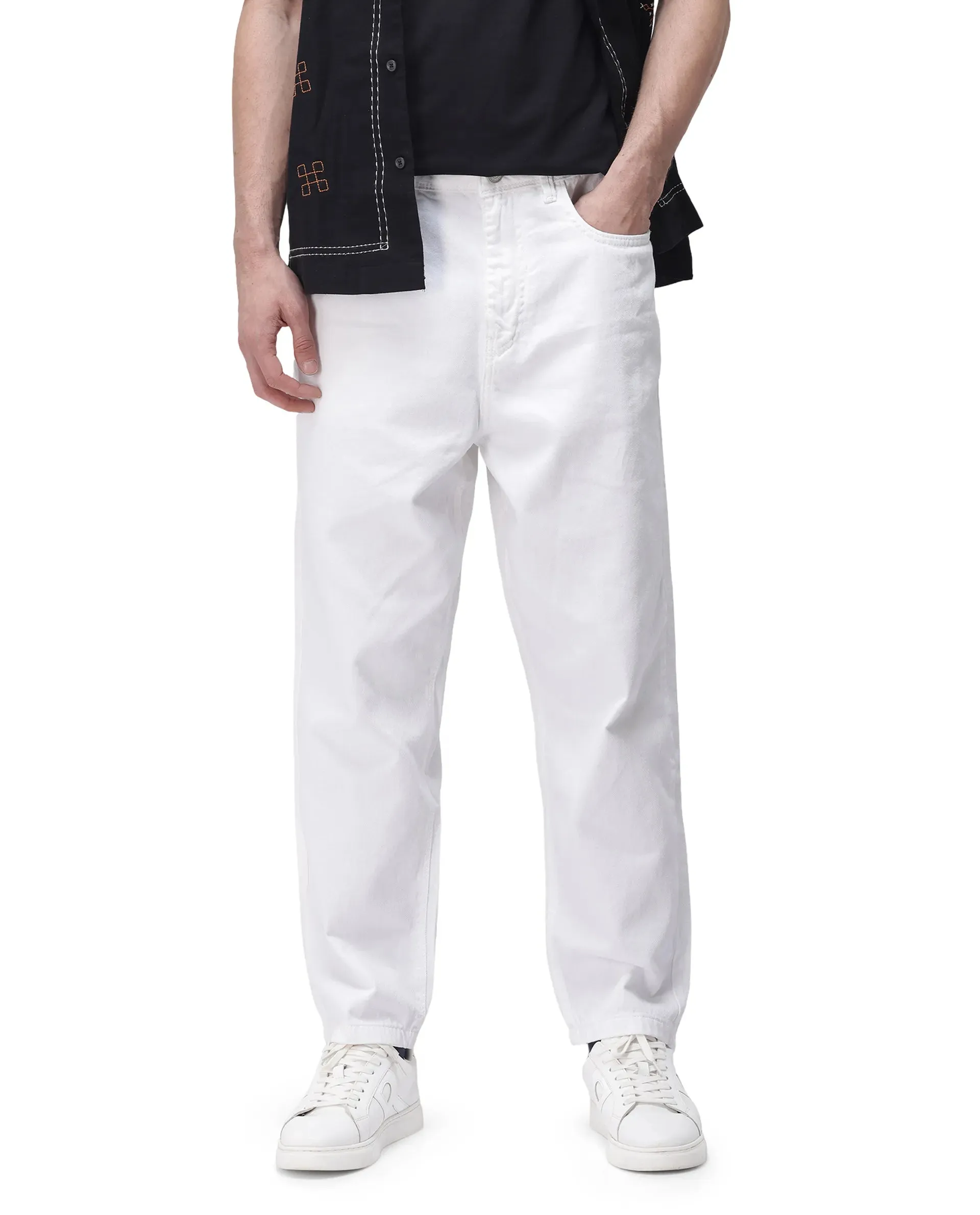 Rare Rabbit Men's Evet-2 White Cotton Fabric Rinse Wash Mid Rise Baggy Fit Plain Jeans