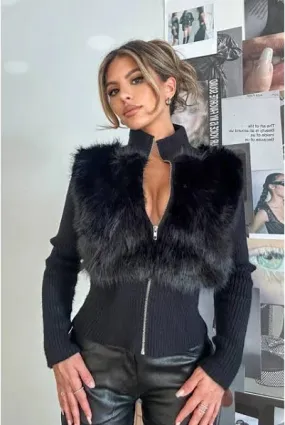 Ribbed Long Sleeve Cardi With Faux Fur Detail