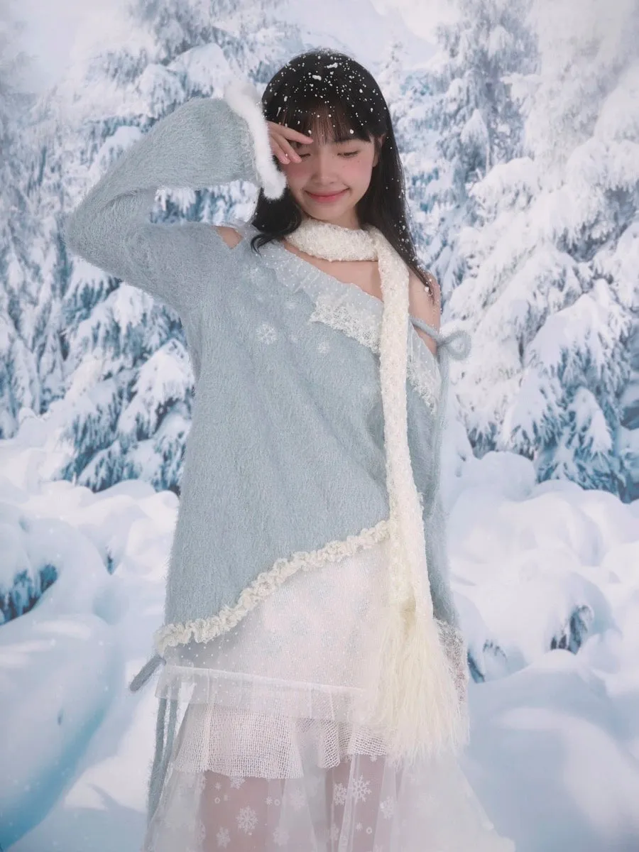 [Rose Island]Snowy Feather Tassel Faux Fur Scarf