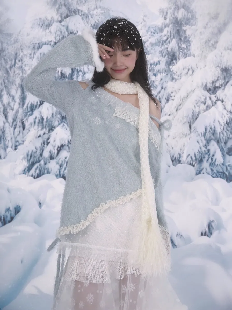 [Rose Island]Snowy Feather Tassel Faux Fur Scarf