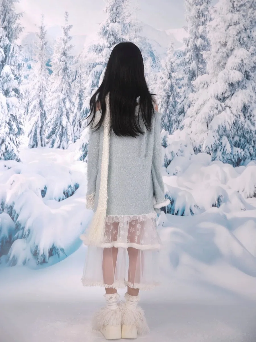 [Rose Island]Snowy Feather Tassel Faux Fur Scarf