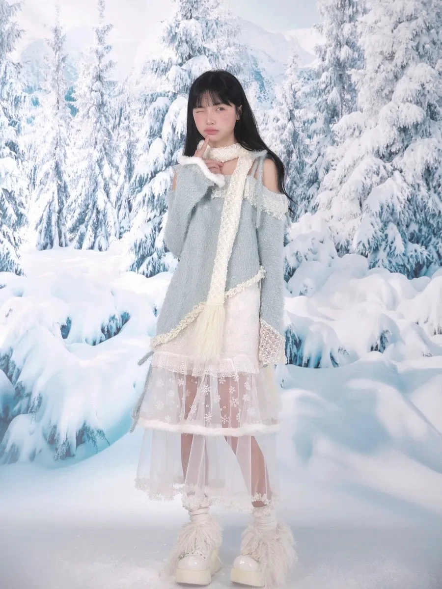 [Rose Island]Snowy Feather Tassel Faux Fur Scarf