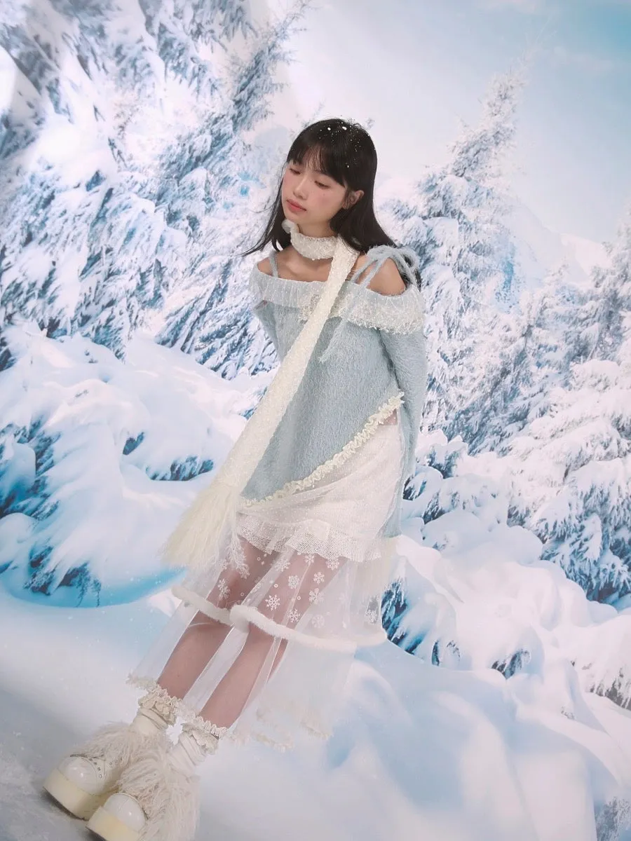 [Rose Island]Snowy Feather Tassel Faux Fur Scarf
