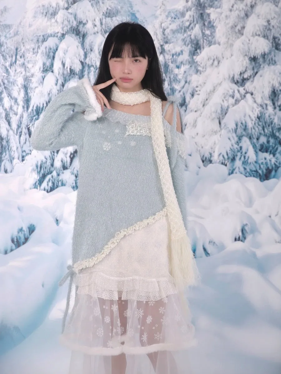[Rose Island]Snowy Feather Tassel Faux Fur Scarf