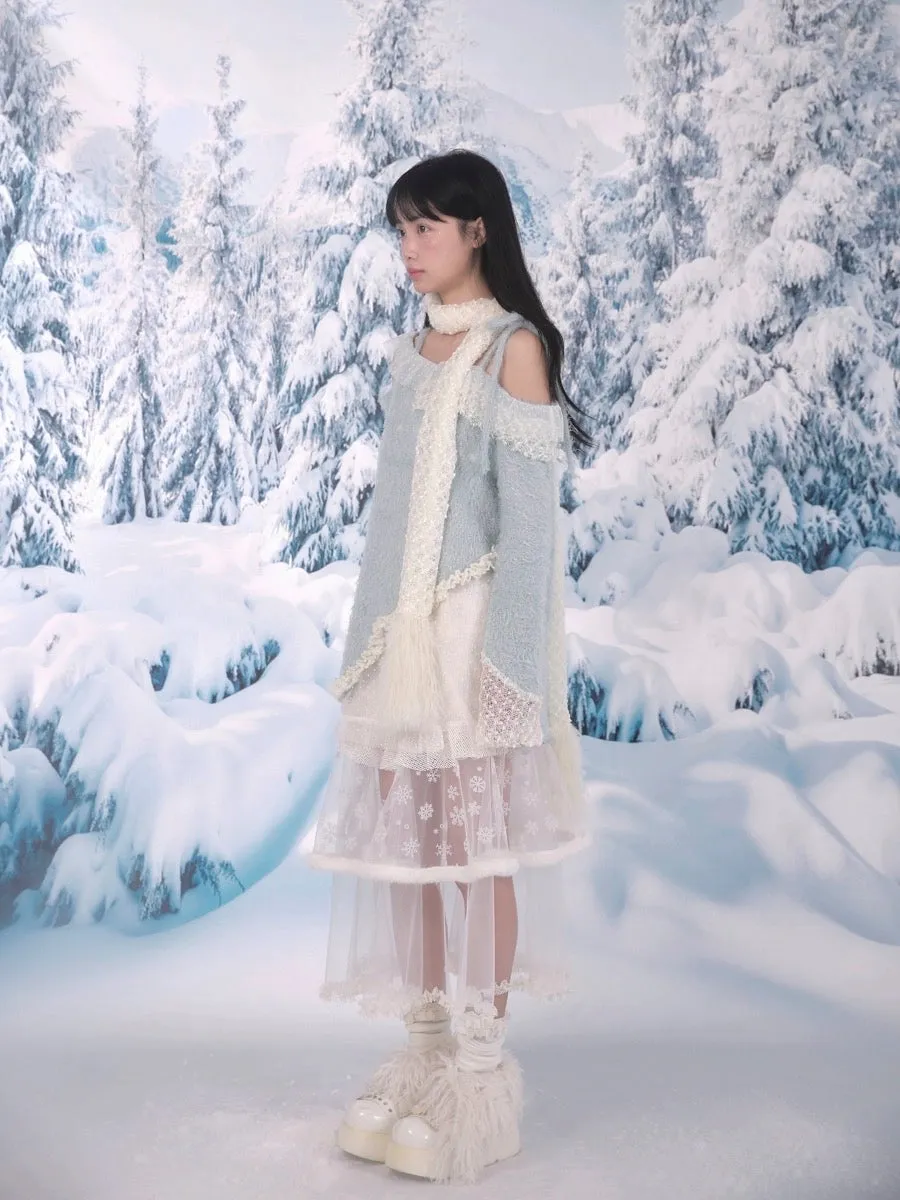[Rose Island]Snowy Feather Tassel Faux Fur Scarf