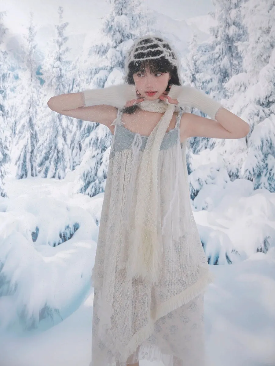 [Rose Island]Snowy Feather Tassel Faux Fur Scarf