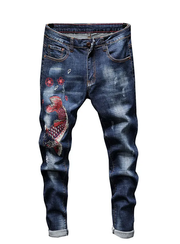 S437 New Designer Embroidered Fish jeans Mens pant