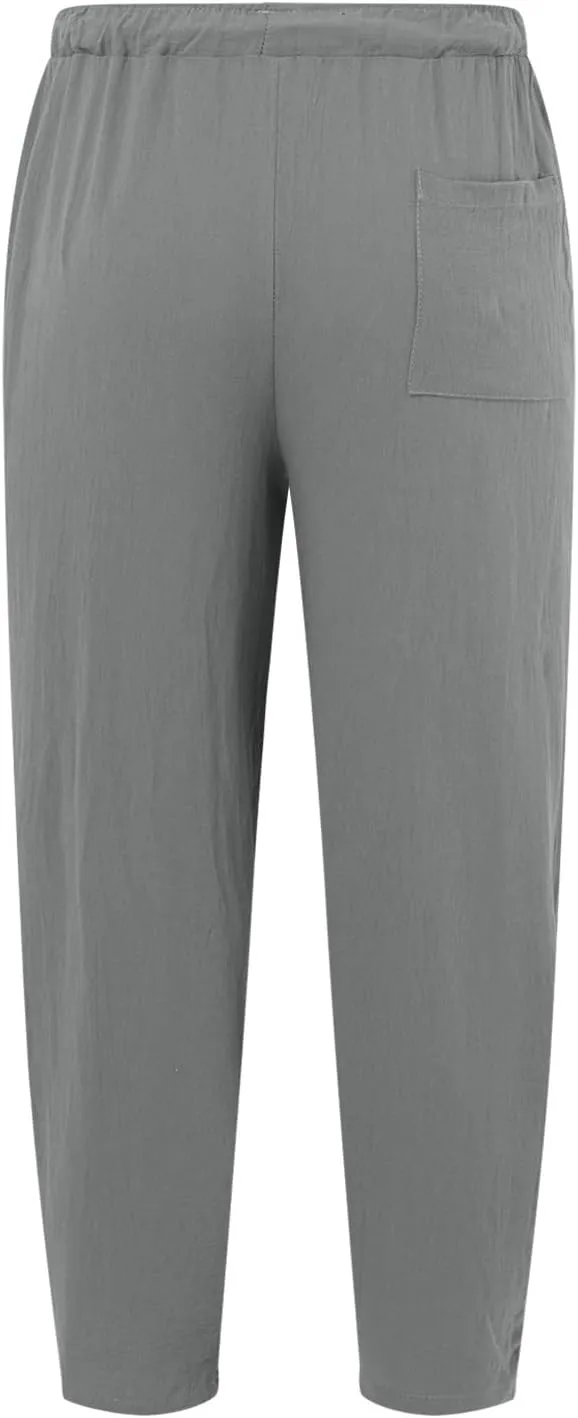 Summer Linen Pants for Men Lightweight Casual Loose Beach Pants Drawstring Elastic Waist Baggy Lounge Pants Trouser