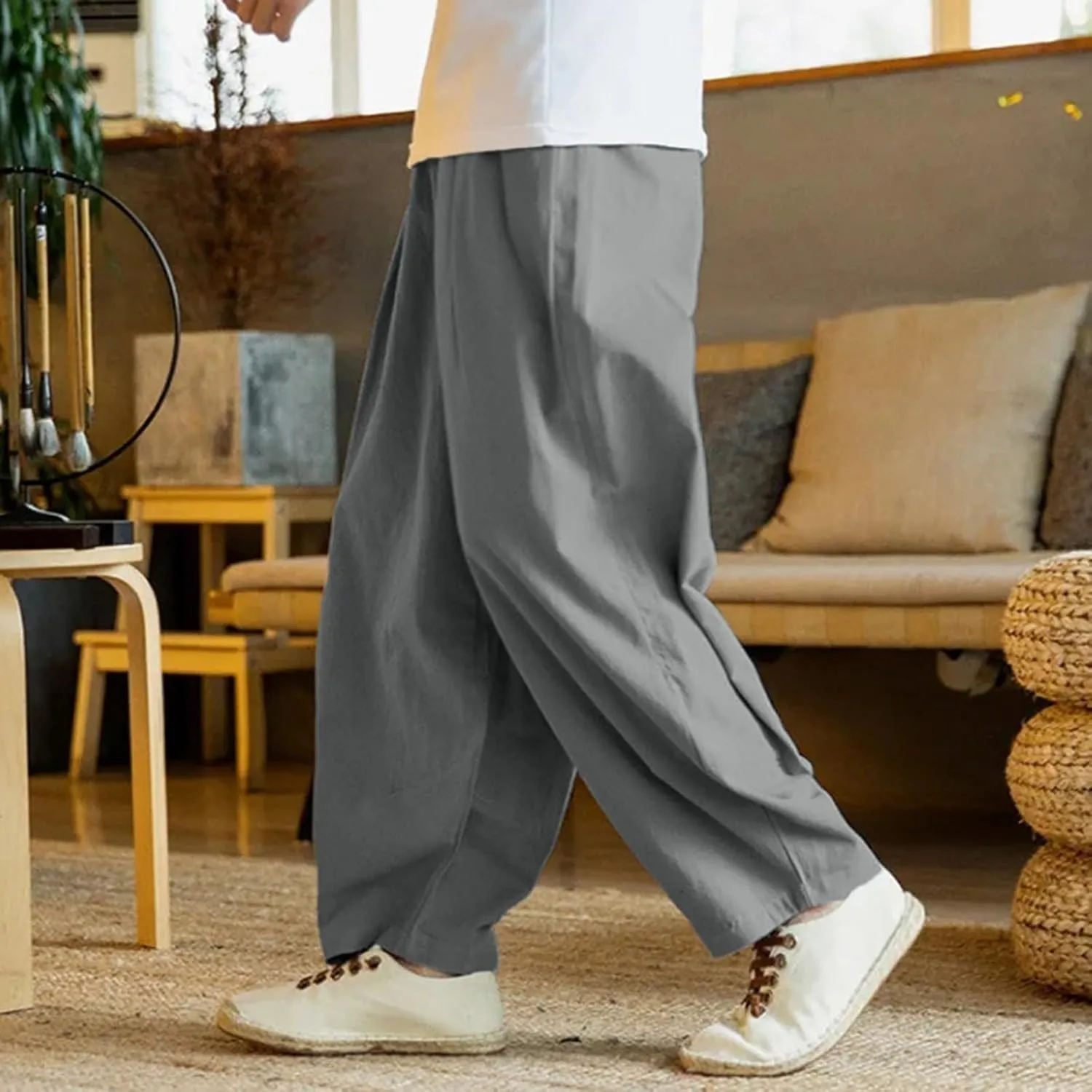Summer Linen Pants for Men Lightweight Casual Loose Beach Pants Drawstring Elastic Waist Baggy Lounge Pants Trouser