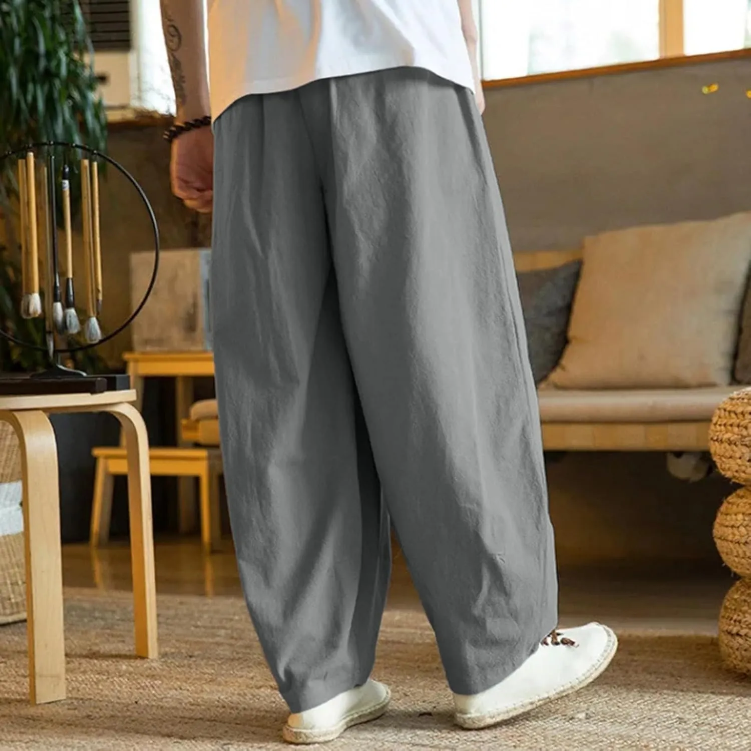 Summer Linen Pants for Men Lightweight Casual Loose Beach Pants Drawstring Elastic Waist Baggy Lounge Pants Trouser