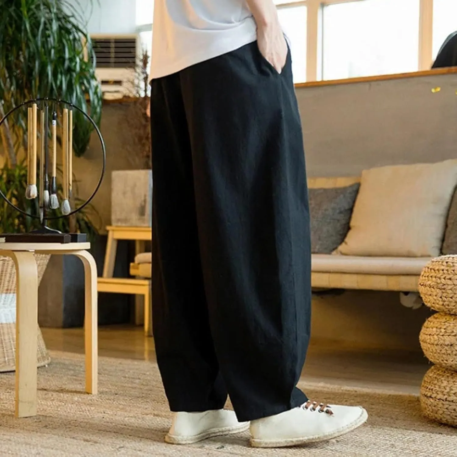 Summer Linen Pants for Men Lightweight Casual Loose Beach Pants Drawstring Elastic Waist Baggy Lounge Pants Trouser