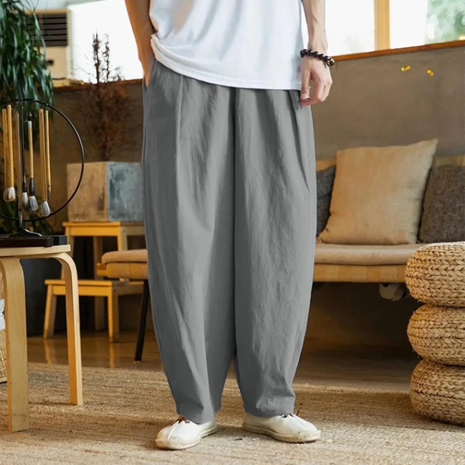 Summer Linen Pants for Men Lightweight Casual Loose Beach Pants Drawstring Elastic Waist Baggy Lounge Pants Trouser