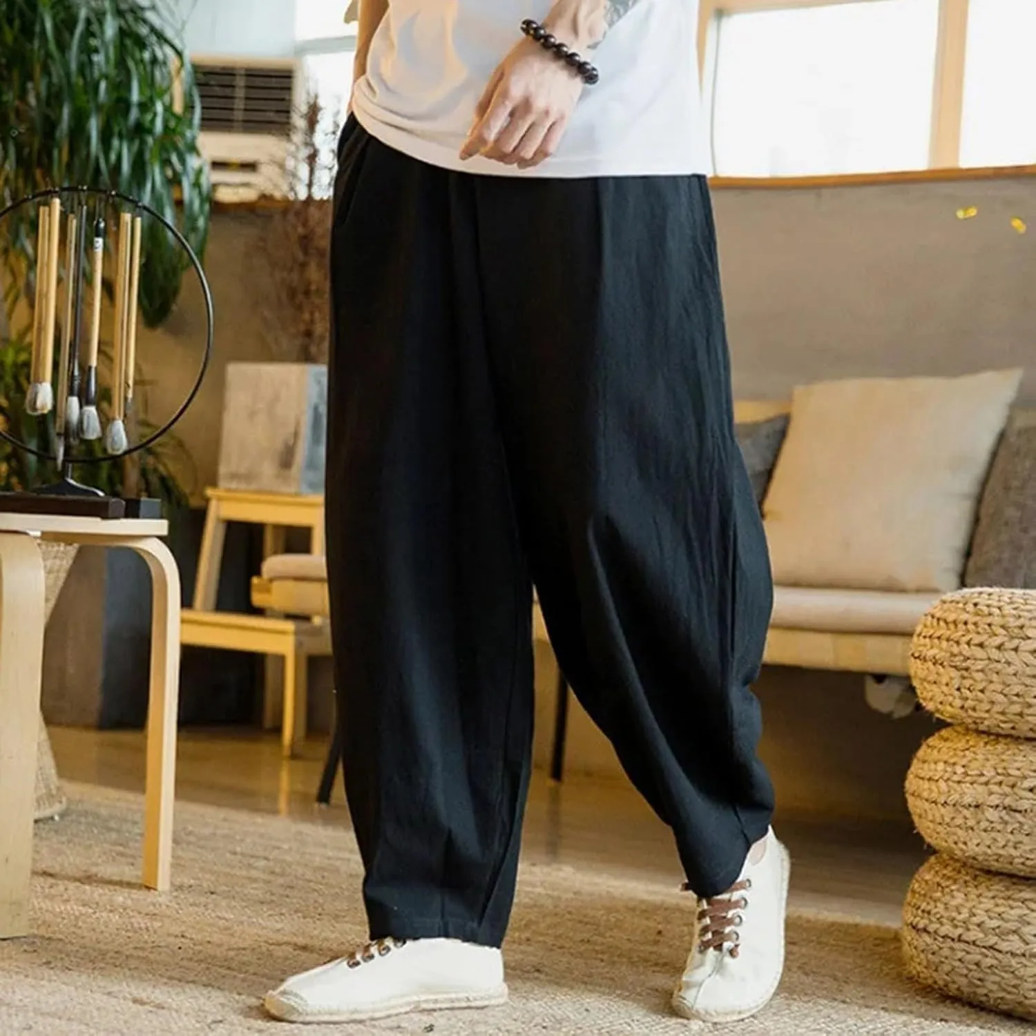 Summer Linen Pants for Men Lightweight Casual Loose Beach Pants Drawstring Elastic Waist Baggy Lounge Pants Trouser