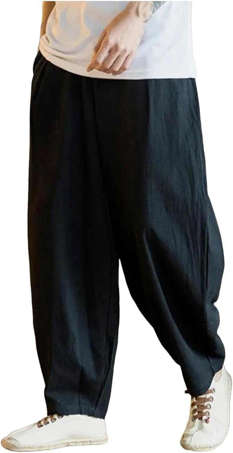 Summer Linen Pants for Men Lightweight Casual Loose Beach Pants Drawstring Elastic Waist Baggy Lounge Pants Trouser