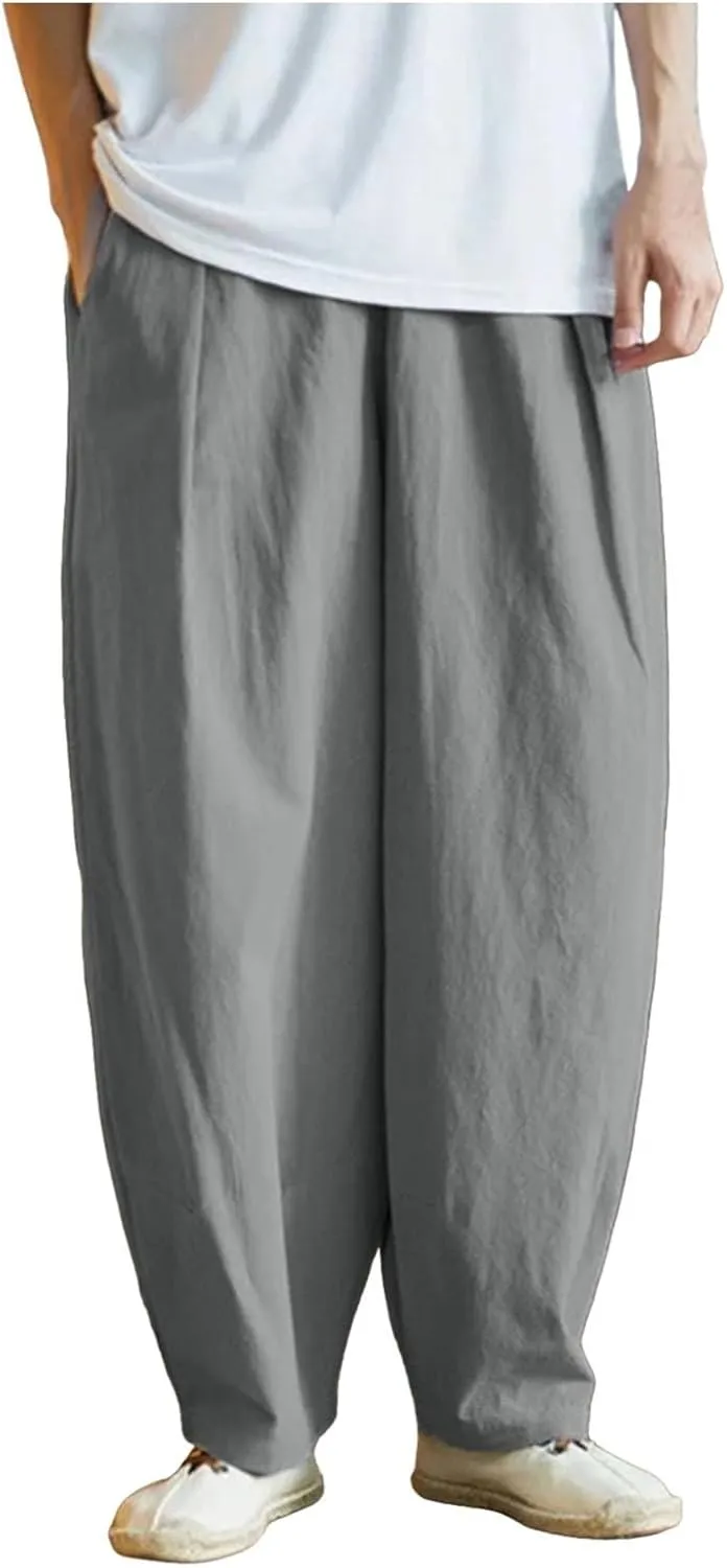 Summer Linen Pants for Men Lightweight Casual Loose Beach Pants Drawstring Elastic Waist Baggy Lounge Pants Trouser