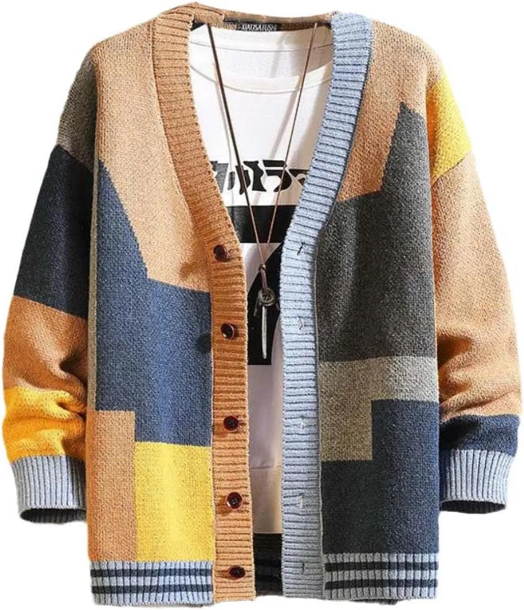 The Men's Colorful Sweater Cardigan Splicing V-Neck Knitwear Jacket