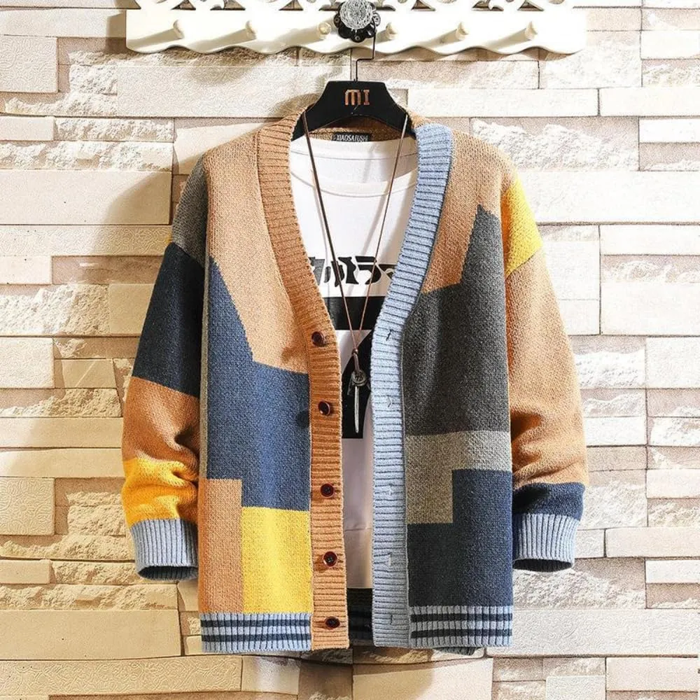 The Men's Colorful Sweater Cardigan Splicing V-Neck Knitwear Jacket