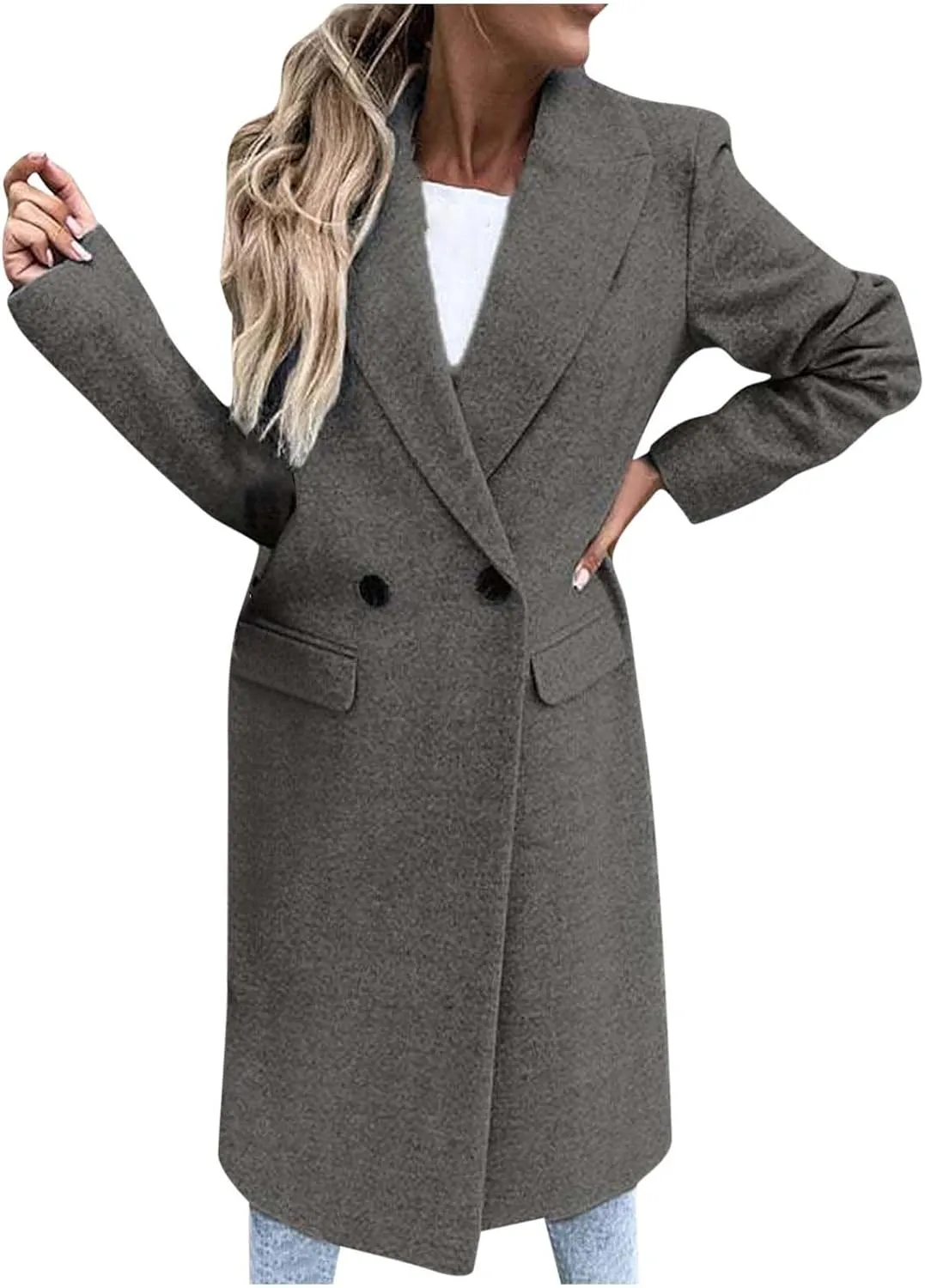 Wkishenl Women Elegant Lapel Collar Double Breasted Trench Coat Winter Wool Blend Long Jackets Casual Long Sleeve Pea Coat